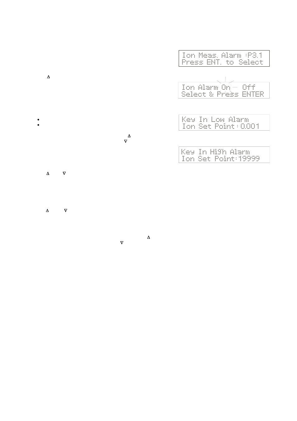 Ion alarm on off select & press enter, Ion meas. alarm :p3.1 press ent. to select, Key in low alarm ion set point : 0.001 | Thermo Fisher Scientific CyberScan pH 1100/pH 2100 User Manual | Page 44 / 64