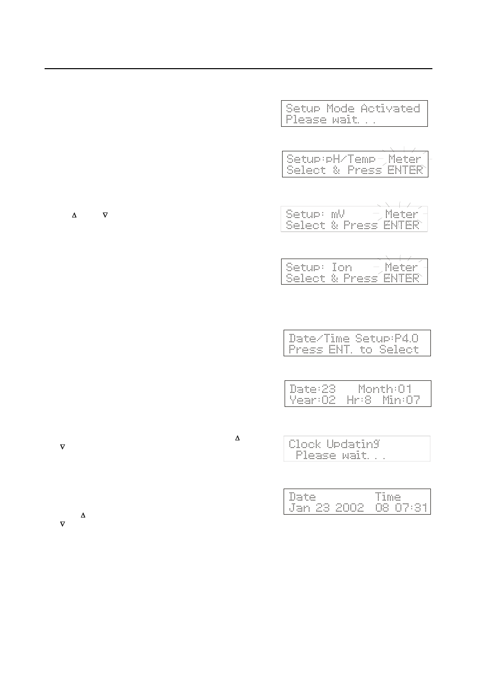 Setup: mv meter select & press enter, Setup:ph/temp meter select & press enter, Setup mode activated please wait | Date/time setup:p4.0 press ent. to select | Thermo Fisher Scientific CyberScan pH 1100/pH 2100 User Manual | Page 50 / 64
