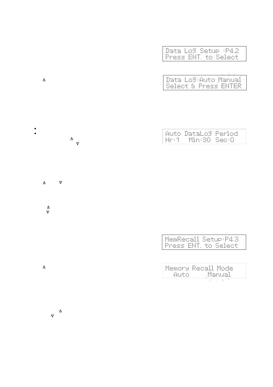 Auto datalog period hr:1 min:30 sec:0, Memrecall setup:p4.3 press ent. to select | Thermo Fisher Scientific CyberScan pH 1100/pH 2100 User Manual | Page 52 / 64