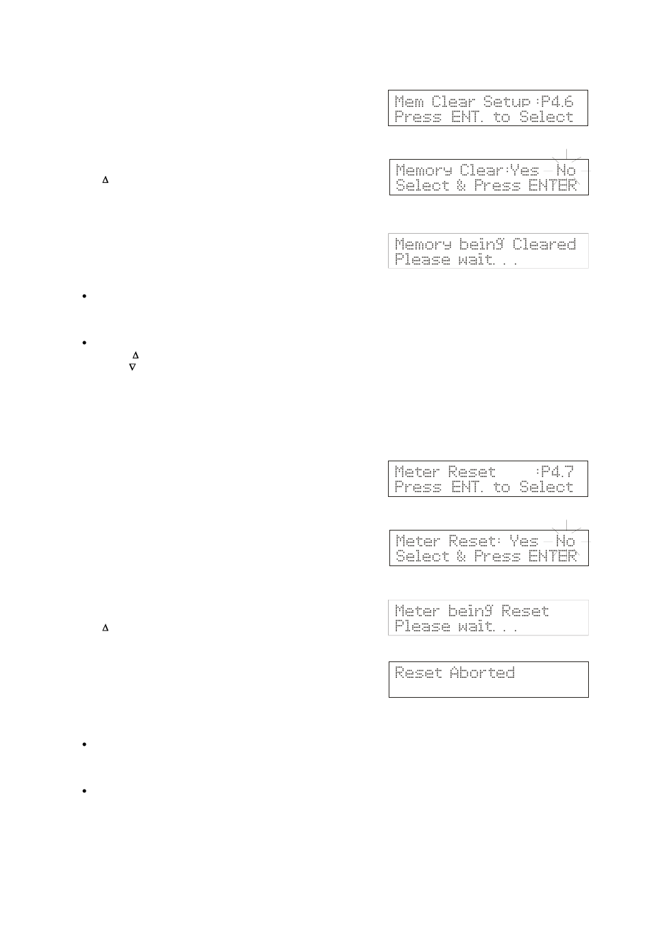 Mem clear setup :p4.6 press ent. to select, Meter reset :p4.7 press ent. to select, Reset aborted | Thermo Fisher Scientific CyberScan pH 1100/pH 2100 User Manual | Page 54 / 64