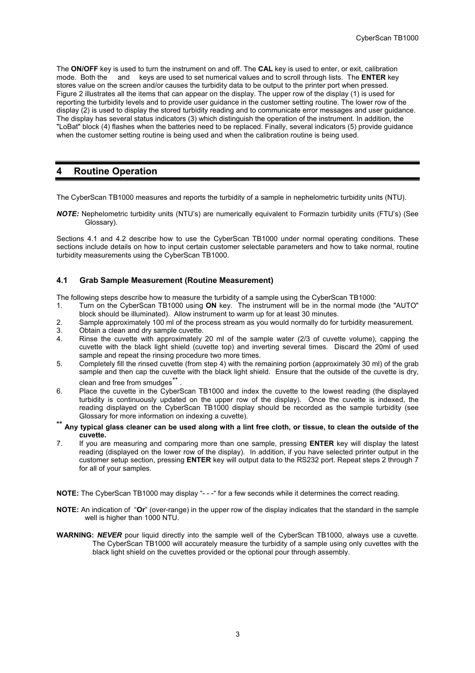 4 routine operation | Thermo Fisher Scientific CyberScan TB 1000 Turbidimeter User Manual | Page 6 / 16
