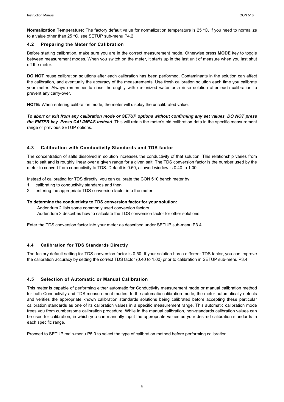 2 preparing the meter for calibration, 4 calibration for tds standards directly, 5 selection of automatic or manual calibration | Thermo Fisher Scientific CyberScan CON 510 User Manual | Page 10 / 36