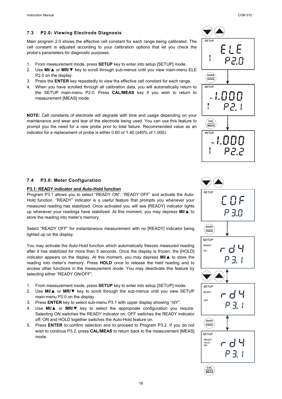 3 p2.0: viewing electrode diagnosis, 4 p3.0: meter configuration | Thermo Fisher Scientific CyberScan CON 510 User Manual | Page 20 / 36