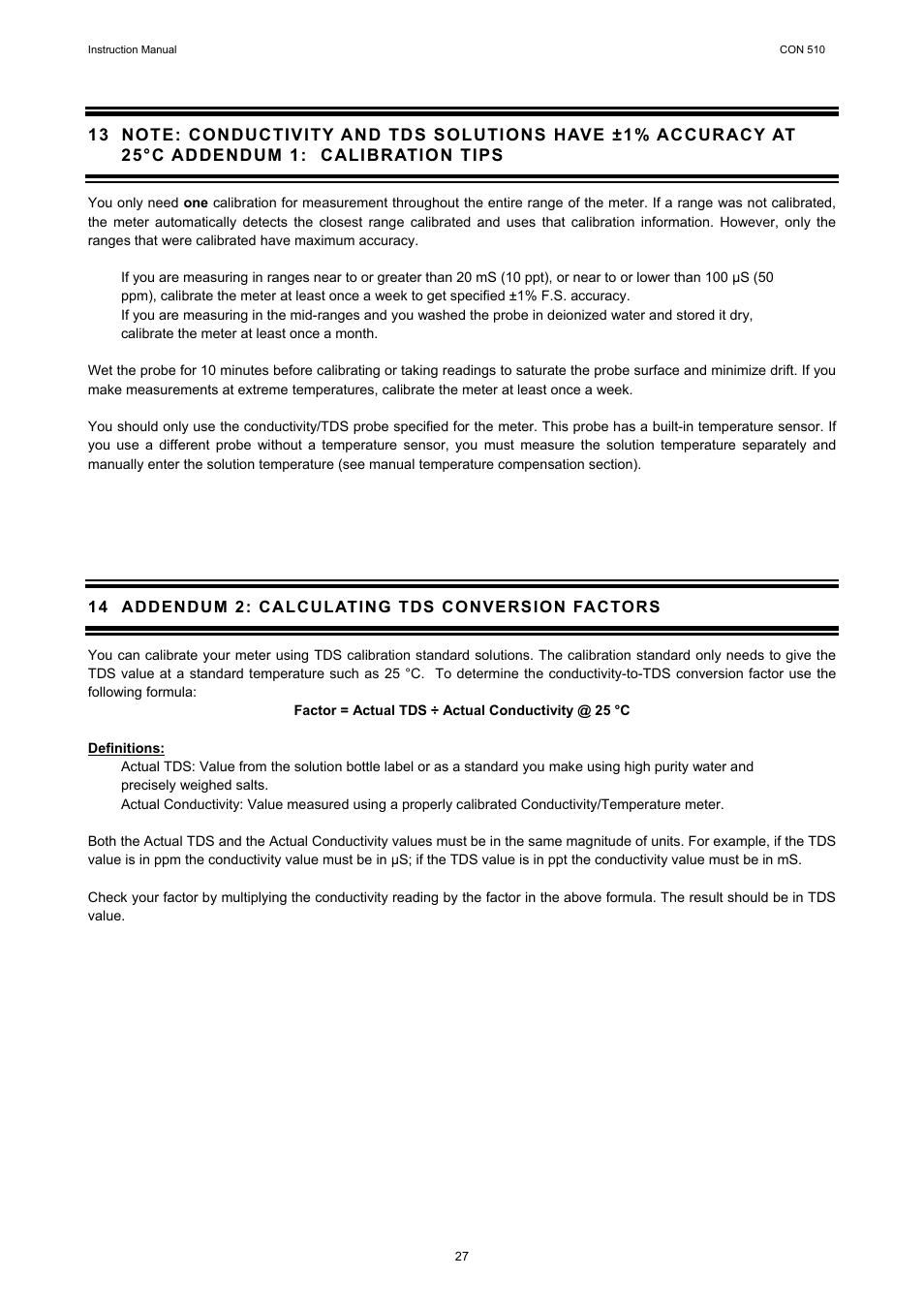 14 addendum 2: calculating tds conversion factors, Addendum 1: calibration tips, Addendum 2: calculating tds conversion factors | Thermo Fisher Scientific CyberScan CON 510 User Manual | Page 31 / 36