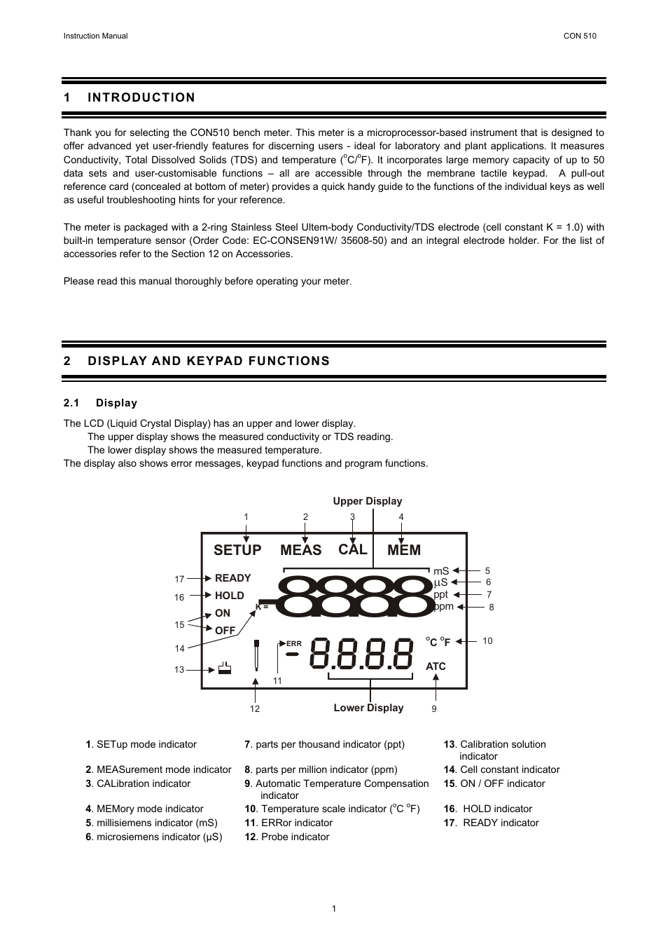 1 introduction, 2 display and keypad functions, 1 display | Introduction, Display and keypad functions, Setup meas cal mem | Thermo Fisher Scientific CyberScan CON 510 User Manual | Page 5 / 36