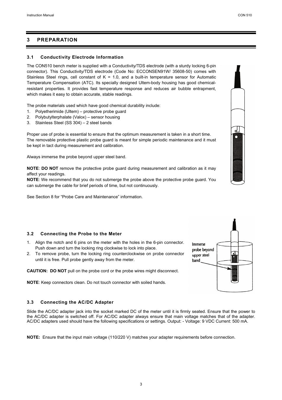 3 preparation, 1 conductivity electrode information, 2 connecting the probe to the meter | 3 connecting the ac/dc adapter, Preparation | Thermo Fisher Scientific CyberScan CON 510 User Manual | Page 7 / 36