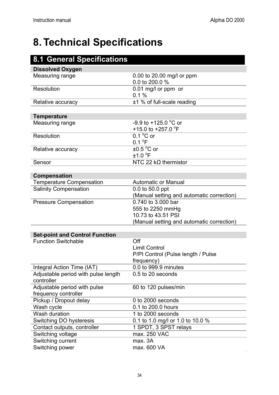 Technical specifications, 1 general specifications | Thermo Fisher Scientific Alpha DO 2000 User Manual | Page 42 / 56