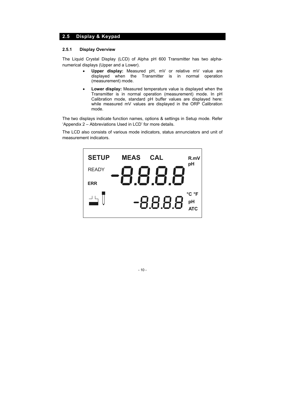 5 display & keypad, 1 display overview | Thermo Fisher Scientific Alpha pH 600 RF (In the process of updating the brand guideline & product image) User Manual | Page 16 / 48