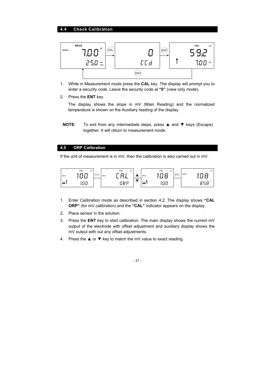 4 check calibration, 5 orp calibration | Thermo Fisher Scientific Alpha pH 600 RF (In the process of updating the brand guideline & product image) User Manual | Page 27 / 48