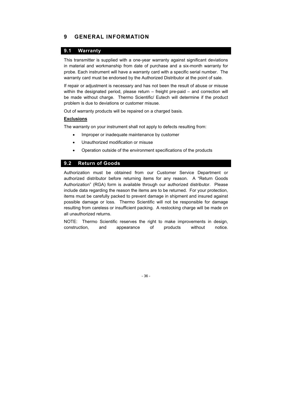 9 general information, 1 warranty, 2 return of goods | Thermo Fisher Scientific Alpha pH 600 RF (In the process of updating the brand guideline & product image) User Manual | Page 42 / 48