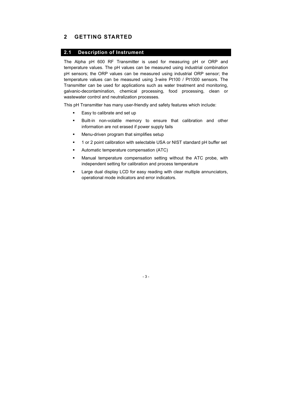 2 getting started, 1 description of instrument | Thermo Fisher Scientific Alpha pH 600 RF (In the process of updating the brand guideline & product image) User Manual | Page 9 / 48