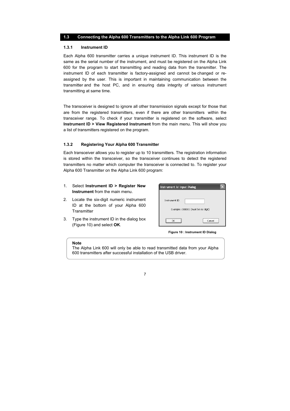1 instrument id, 2 registering your alpha 600 transmitter | Thermo Fisher Scientific Alpha Link 600 Communications Software User Manual | Page 13 / 28