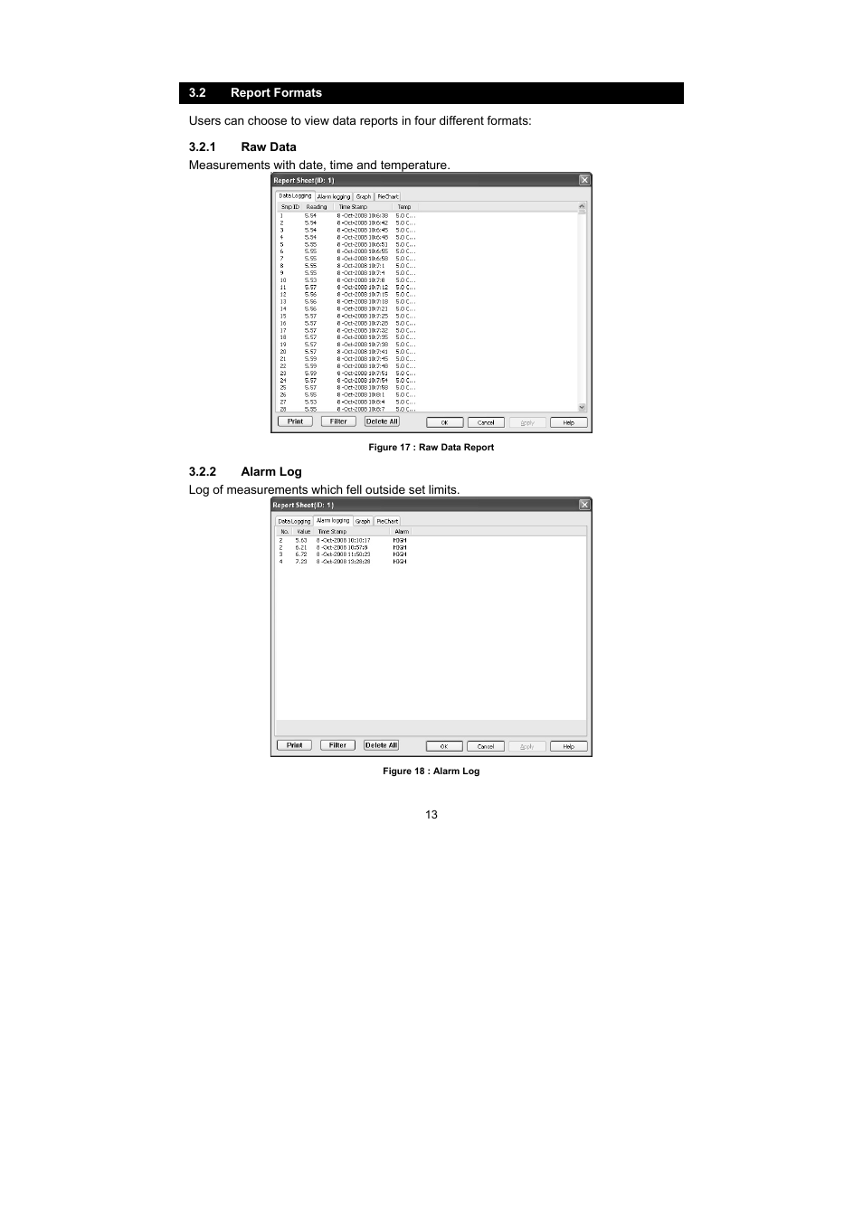2 report formats, 1 raw data, 2 alarm log | Thermo Fisher Scientific Alpha Link 600 Communications Software User Manual | Page 19 / 28