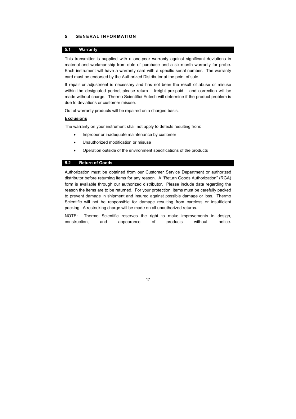 5 general information, 1 warranty, 2 return of goods | Thermo Fisher Scientific Alpha Link 600 Communications Software User Manual | Page 23 / 28