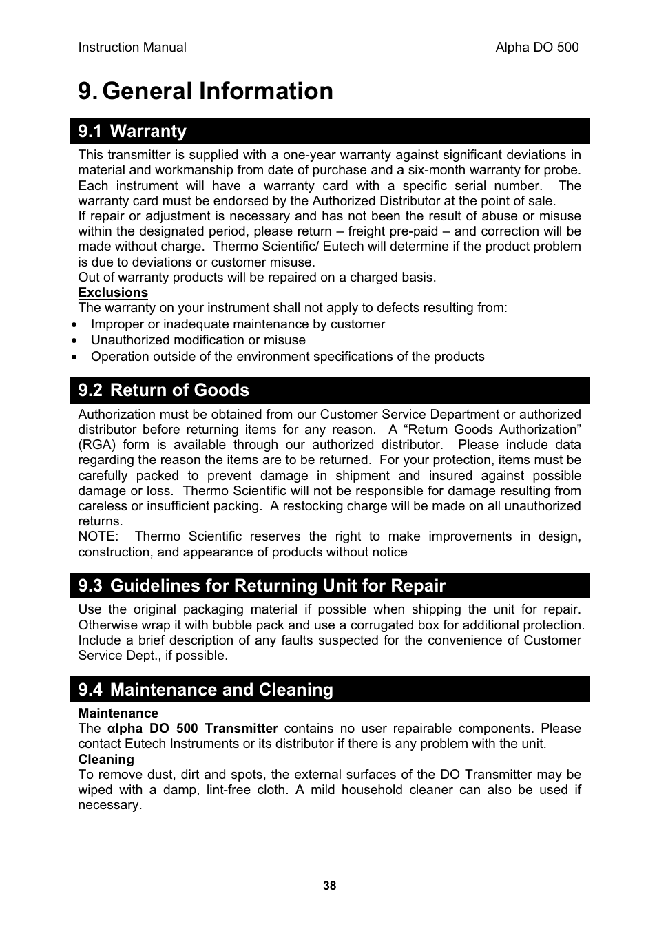 General information, 1 warranty, 2 return of goods | 3 guidelines for returning unit for repair, 4 maintenance and cleaning | Thermo Fisher Scientific Alpha DO 500 User Manual | Page 44 / 48