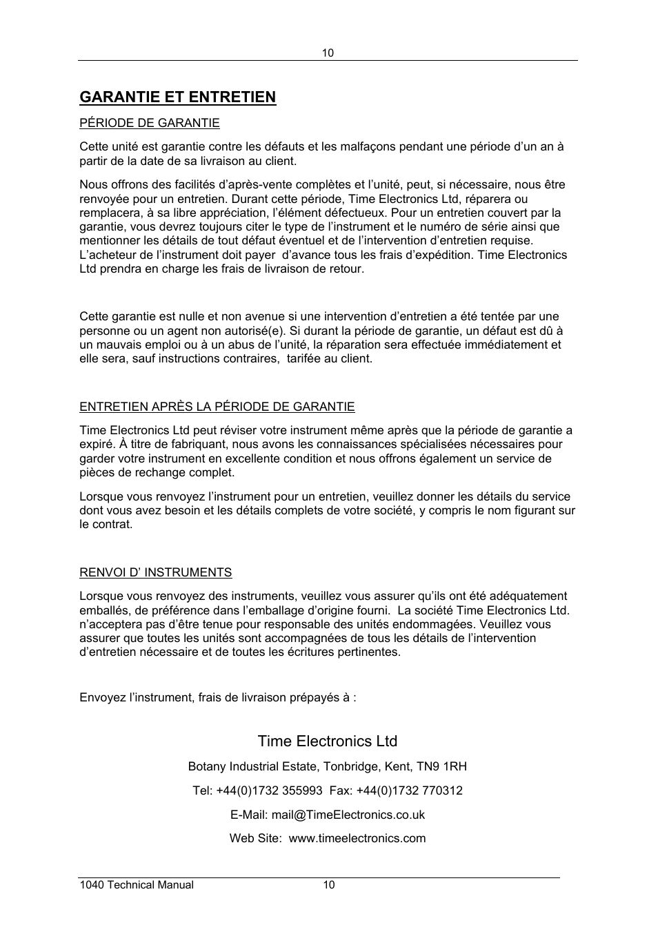 Garantie et entretien, Time electronics ltd | Time Electronics 1040 Resistance Decade Box User Manual | Page 11 / 19