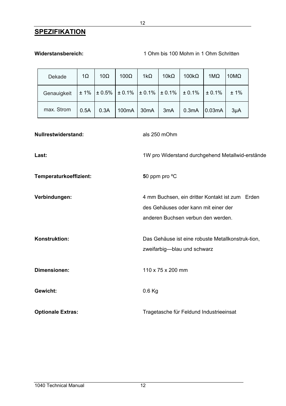 Spezifikation | Time Electronics 1040 Resistance Decade Box User Manual | Page 13 / 19