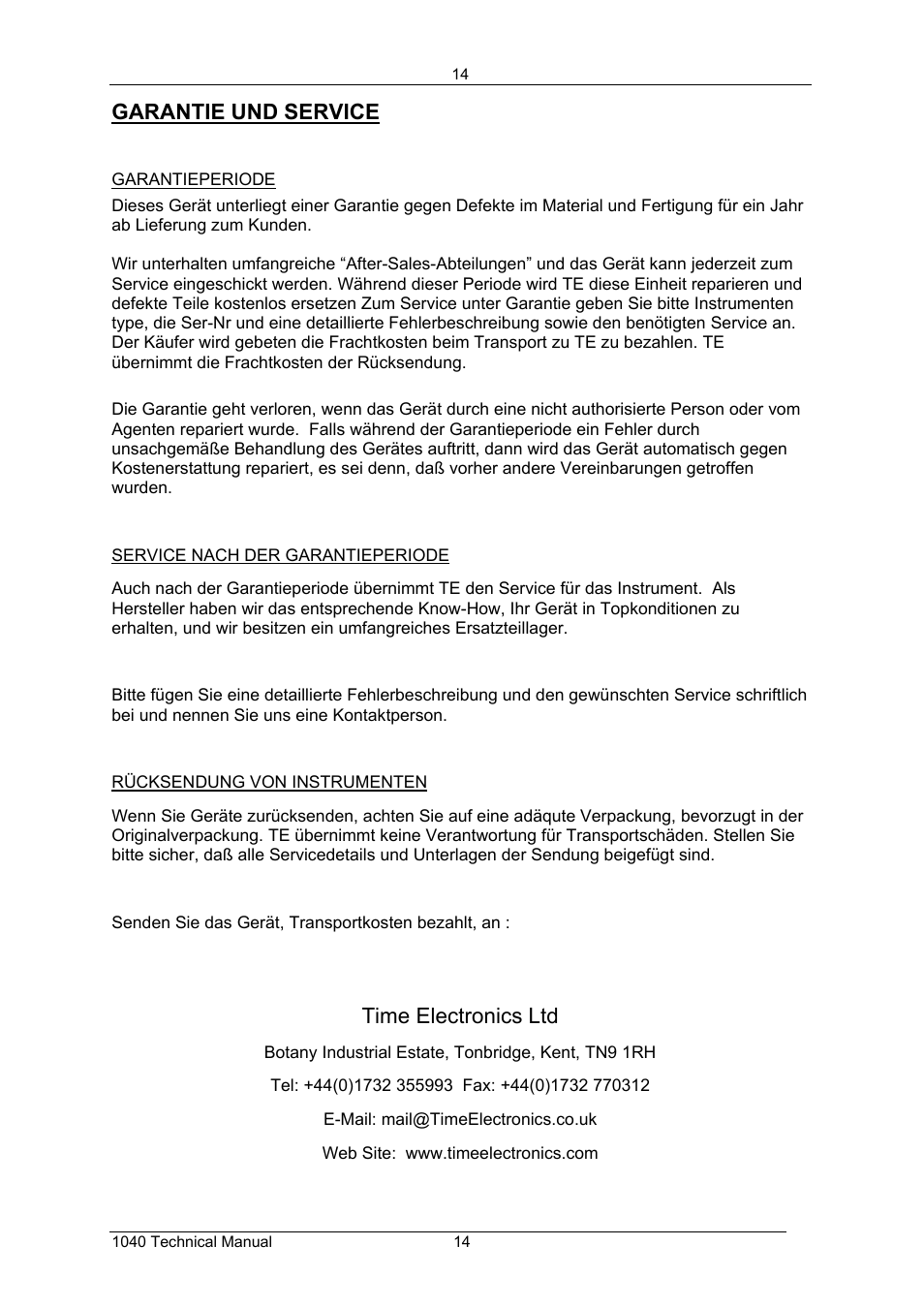 Garantie und service, Time electronics ltd | Time Electronics 1040 Resistance Decade Box User Manual | Page 15 / 19