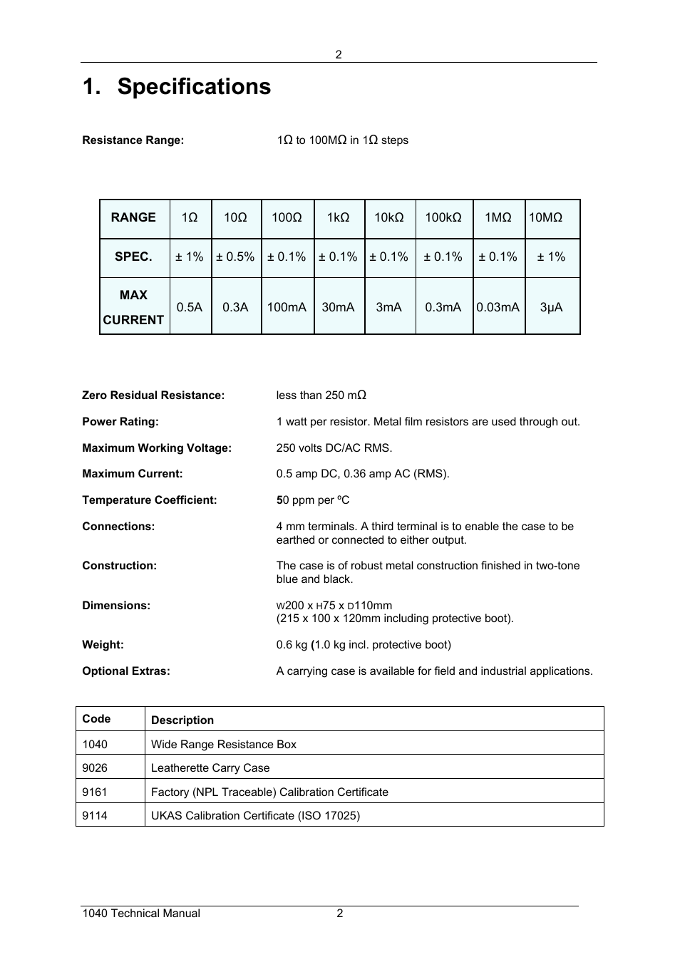 Specifications | Time Electronics 1040 Resistance Decade Box User Manual | Page 3 / 19