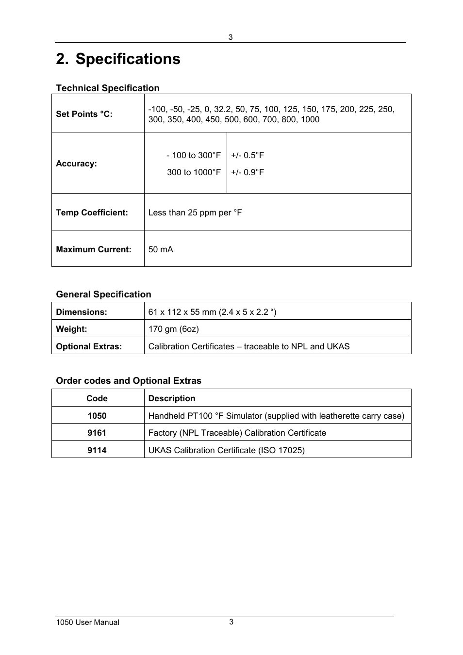 Specifications | Time Electronics 1050 PT100 Simulator User Manual | Page 4 / 6