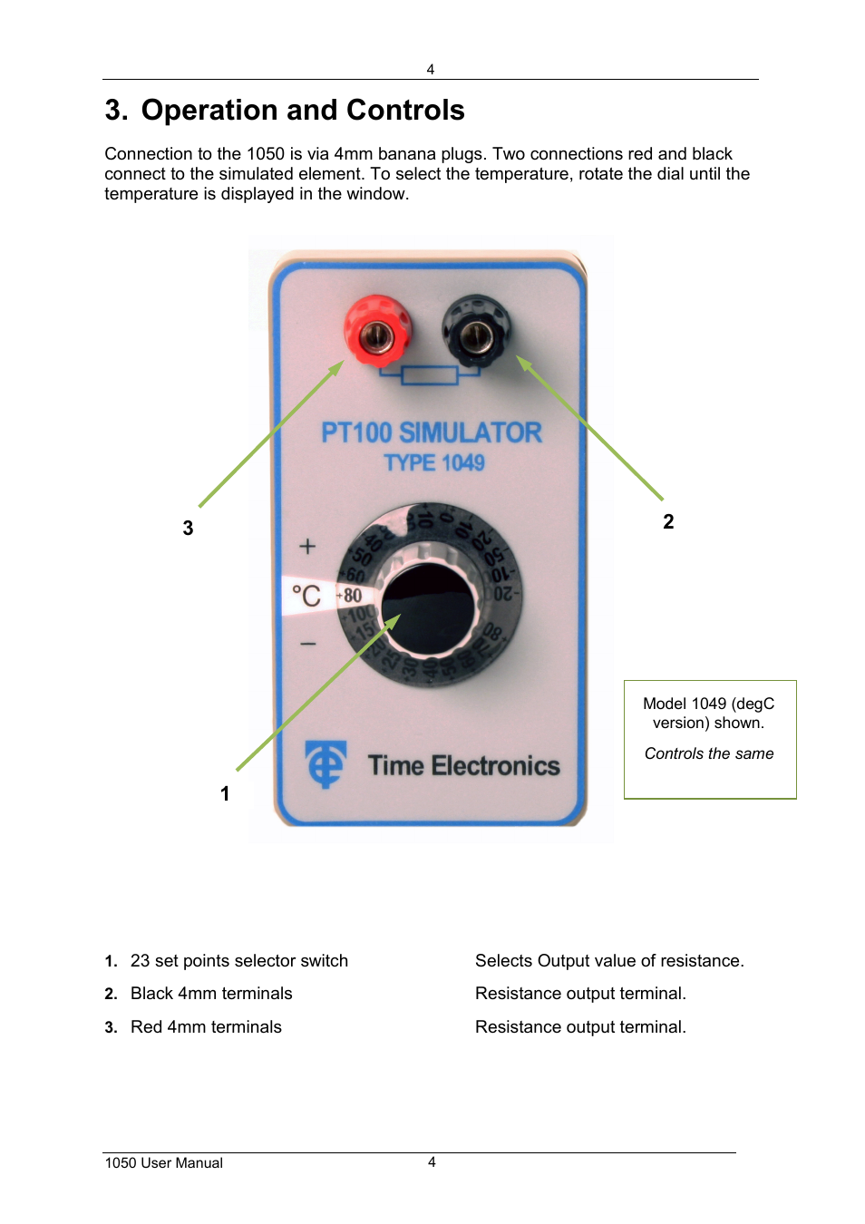 Operation and controls | Time Electronics 1050 PT100 Simulator User Manual | Page 5 / 6
