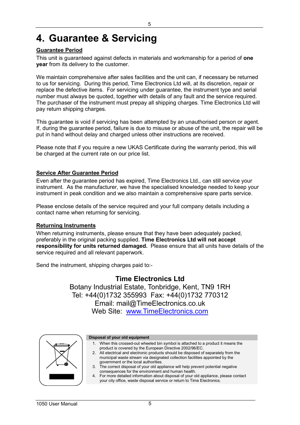 Guarantee & servicing | Time Electronics 1050 PT100 Simulator User Manual | Page 6 / 6