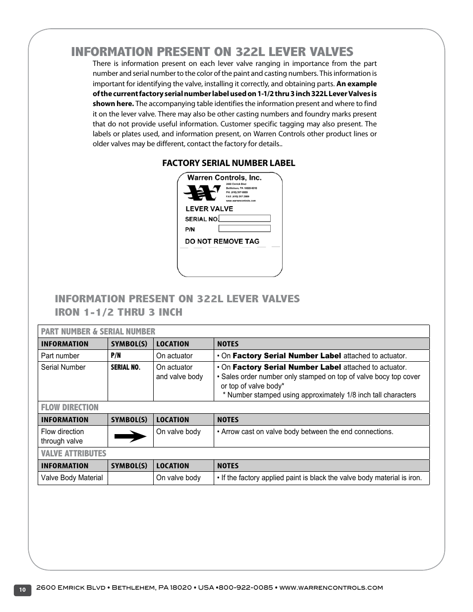 Information present on 322l lever valves, Factory serial number label, Part number & serial number | Flow direction, Valve attributes | Warren Controls 377 Float Cage User Manual | Page 10 / 28