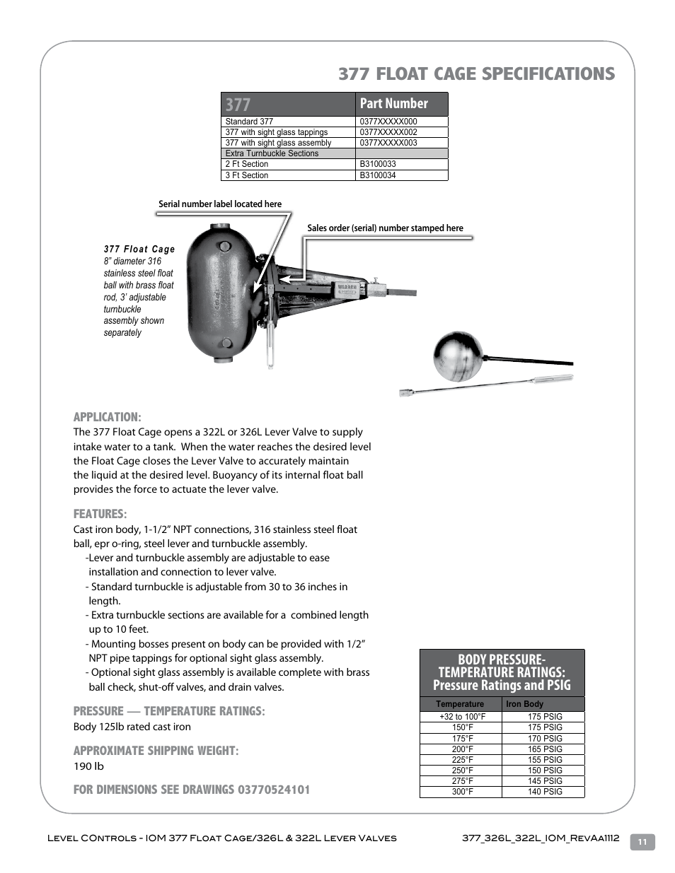 377 float cage specifications, Part number | Warren Controls 377 Float Cage User Manual | Page 11 / 28