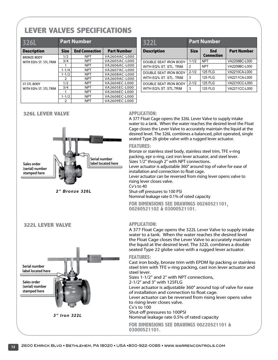 326l, 322l, Lever valves specifications | 322l lever valve application, Features, 326l lever valve, Part number | Warren Controls 377 Float Cage User Manual | Page 12 / 28