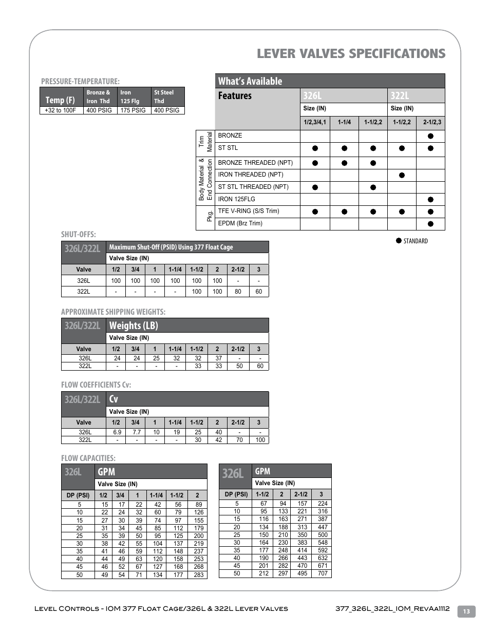 326l, Lever valves specifications, 326l gpm | Temp (f), Pressure-temperature, Flow capacities | Warren Controls 377 Float Cage User Manual | Page 13 / 28