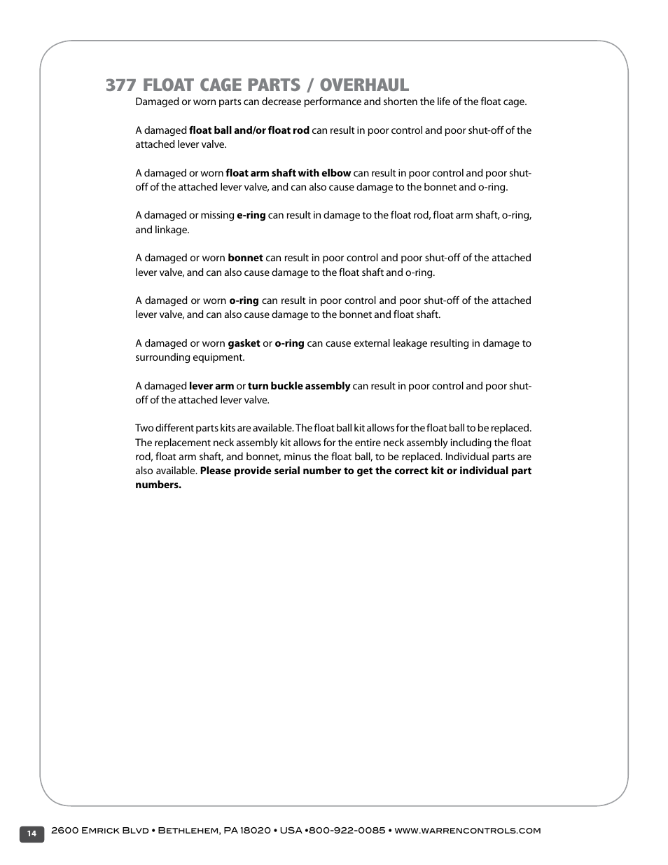 377 float cage parts / overhaul | Warren Controls 377 Float Cage User Manual | Page 14 / 28