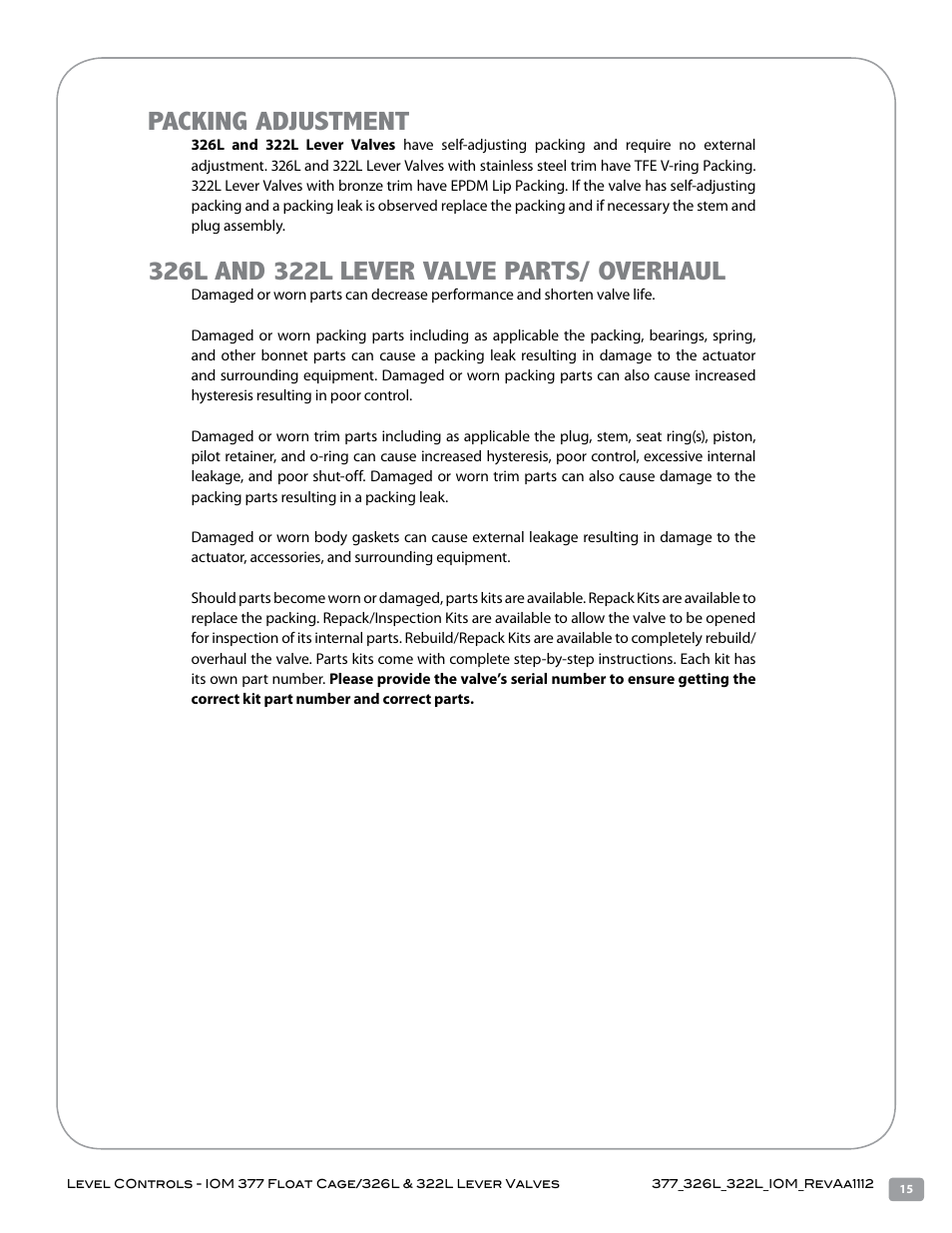 Packing adjustment | Warren Controls 377 Float Cage User Manual | Page 15 / 28