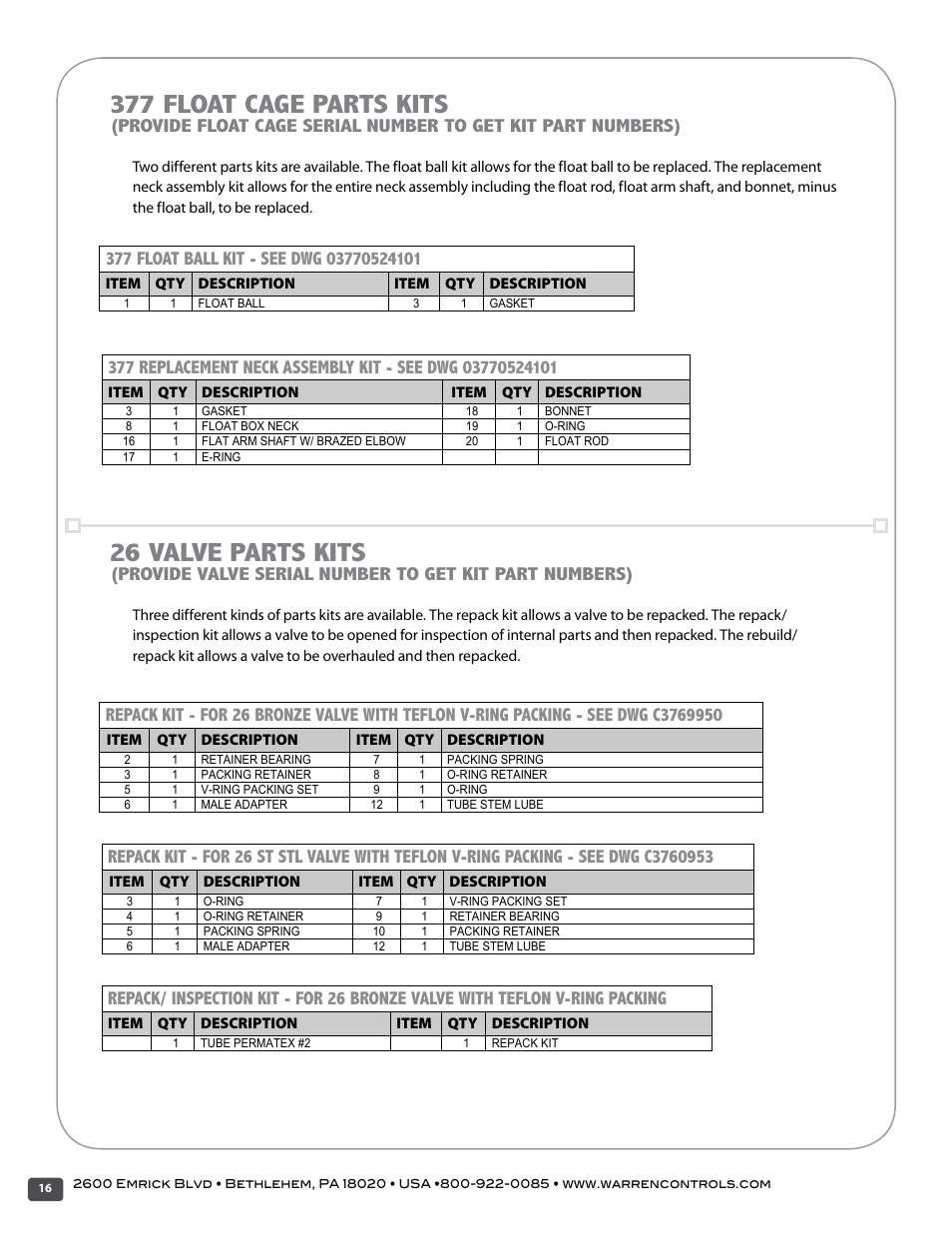 377 float cage parts kits, 26 valve parts kits | Warren Controls 377 Float Cage User Manual | Page 16 / 28