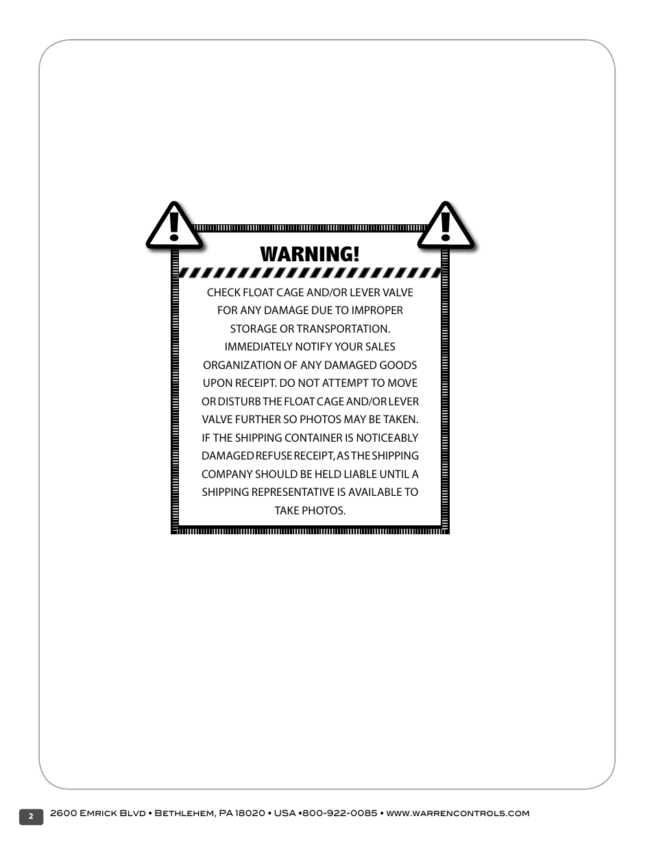 Warning | Warren Controls 377 Float Cage User Manual | Page 2 / 28