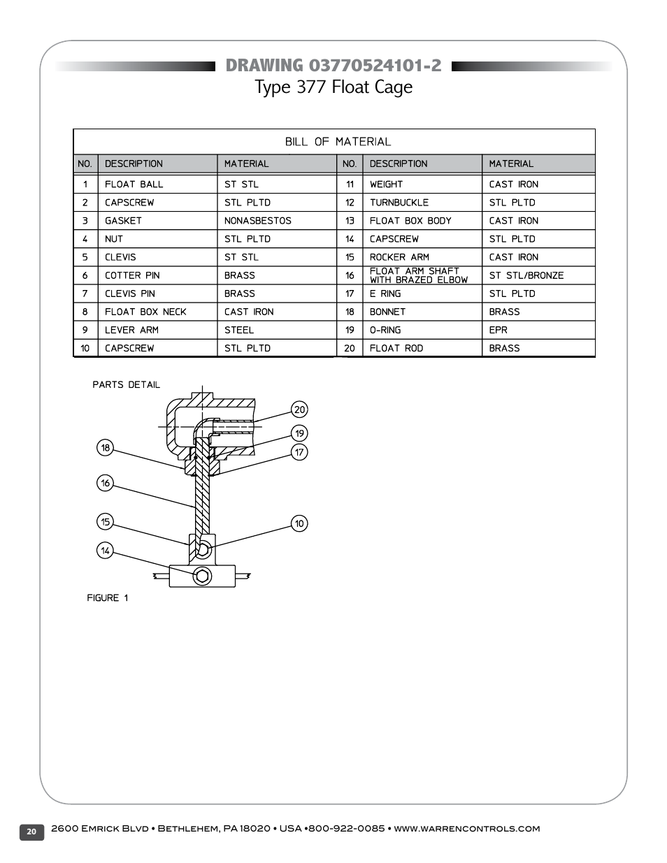 Type 377 float cage | Warren Controls 377 Float Cage User Manual | Page 20 / 28