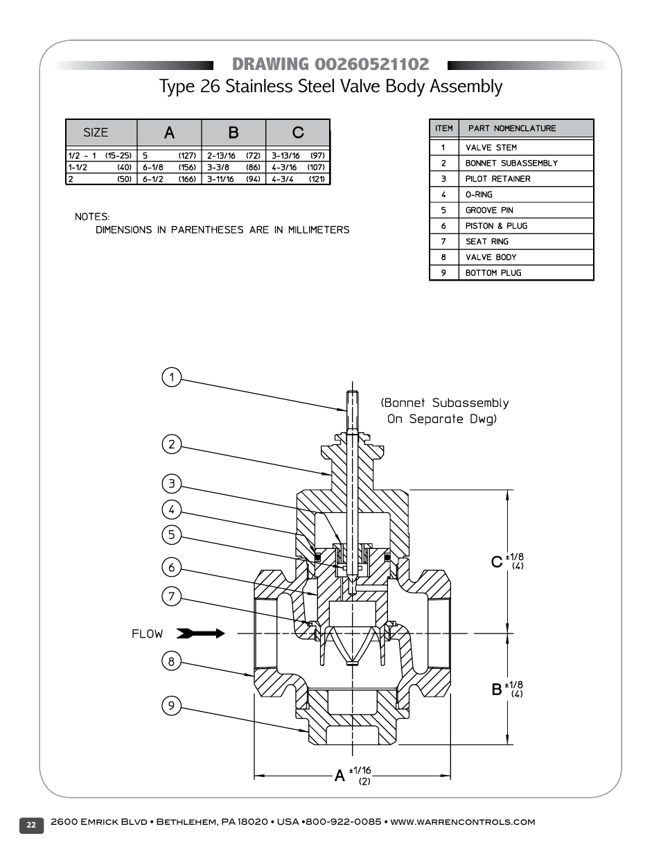 Type 26 stainless steel valve body assembly | Warren Controls 377 Float Cage User Manual | Page 22 / 28