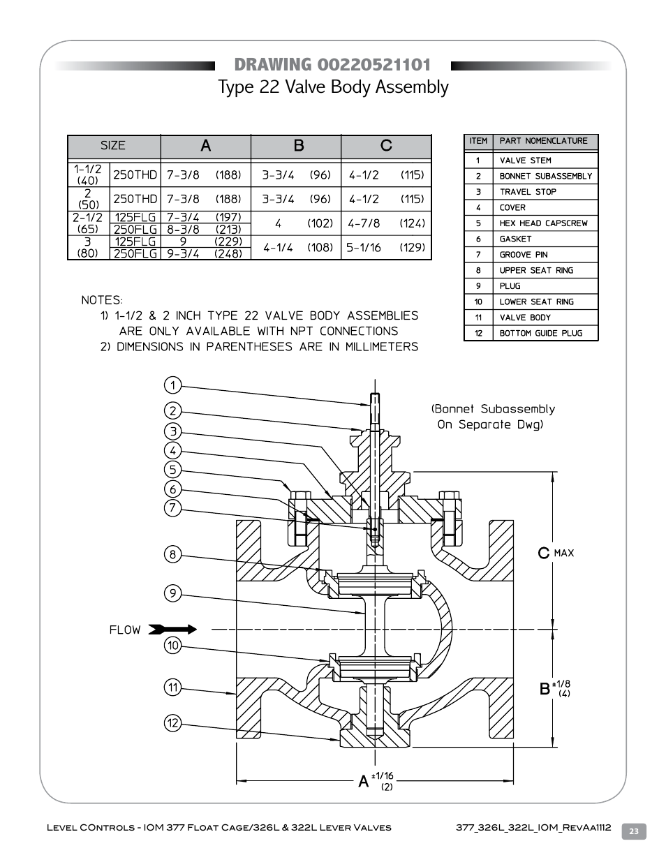 Type 22 valve body assembly | Warren Controls 377 Float Cage User Manual | Page 23 / 28