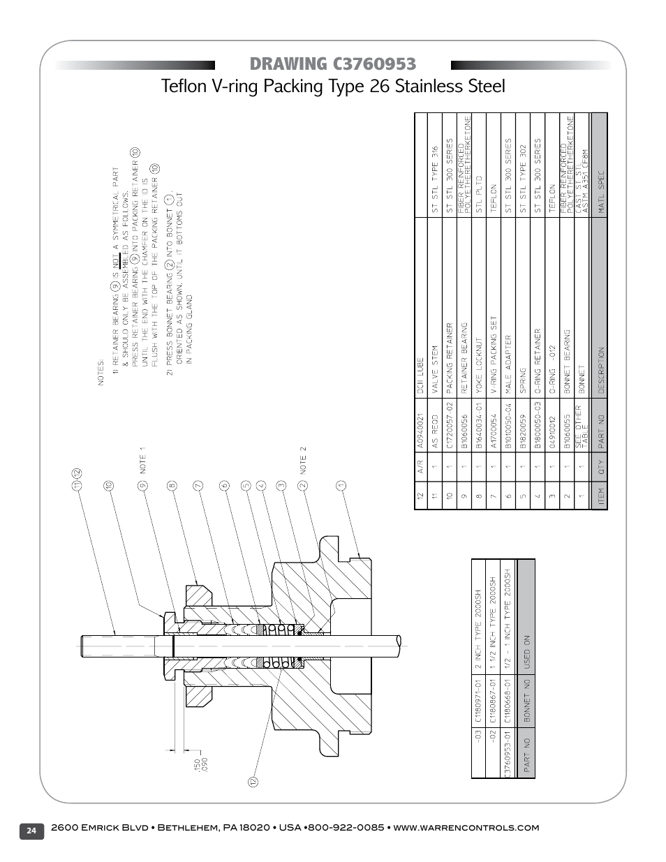 Teflon v-ring packing type 26 stainless steel | Warren Controls 377 Float Cage User Manual | Page 24 / 28