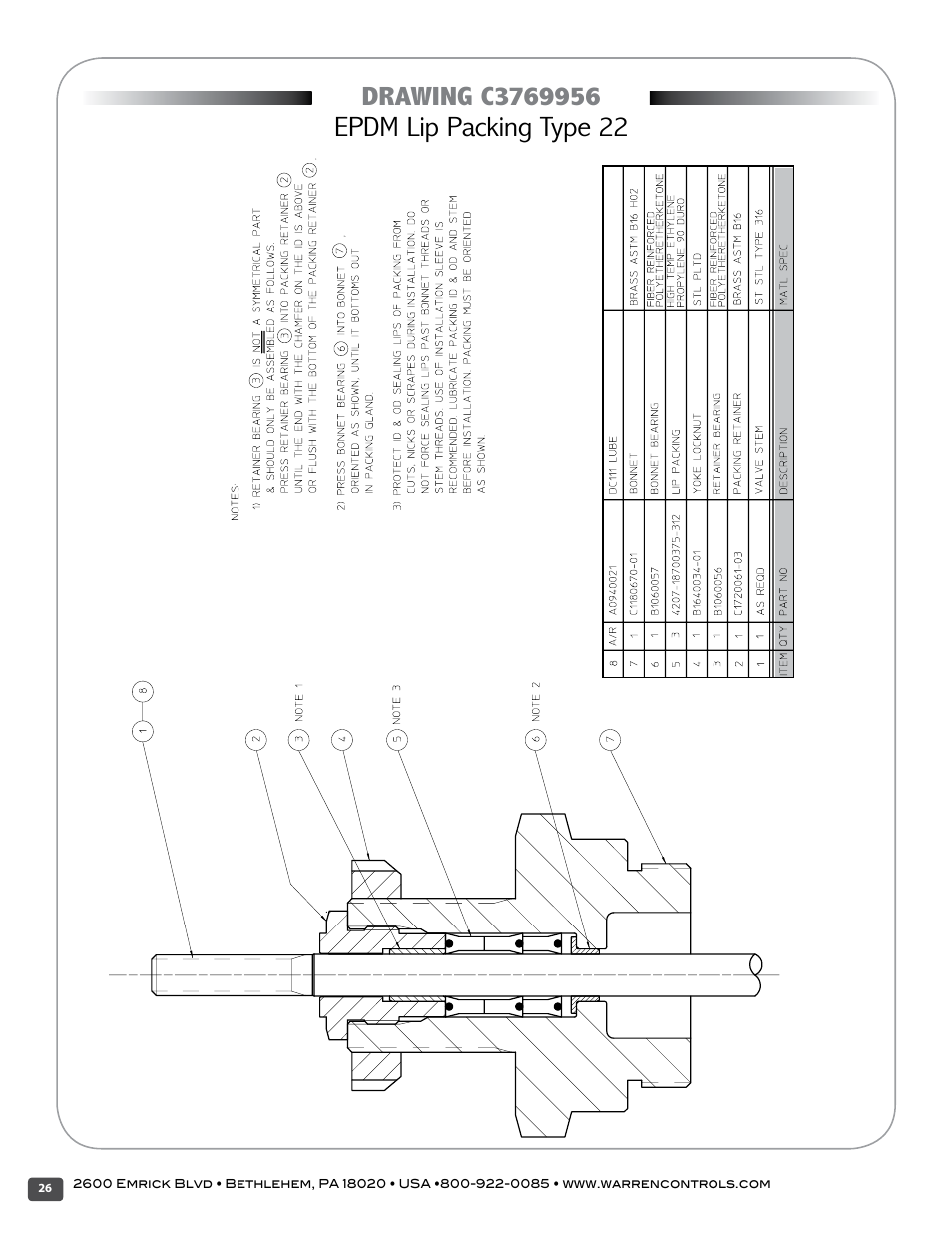 Epdm lip packing type 22 | Warren Controls 377 Float Cage User Manual | Page 26 / 28