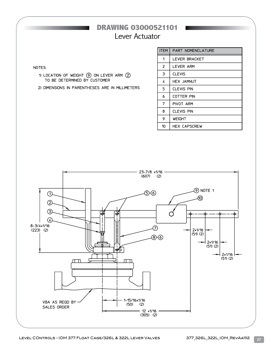 Lever actuator | Warren Controls 377 Float Cage User Manual | Page 27 / 28