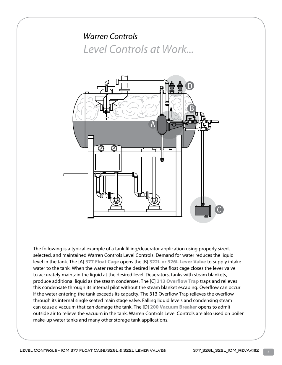 Level controls at work, Warren controls | Warren Controls 377 Float Cage User Manual | Page 3 / 28