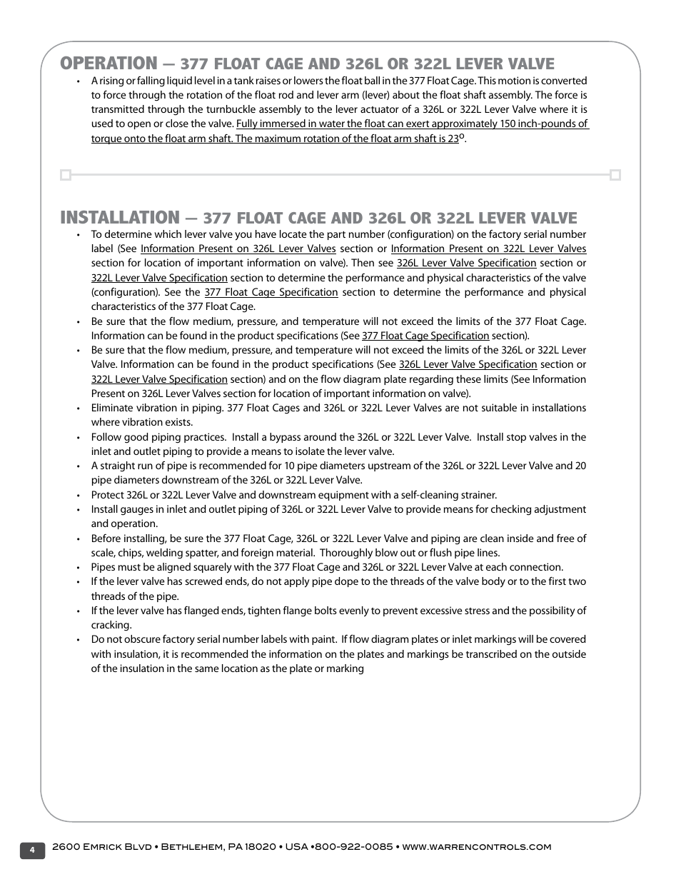 Operation, Installation | Warren Controls 377 Float Cage User Manual | Page 4 / 28