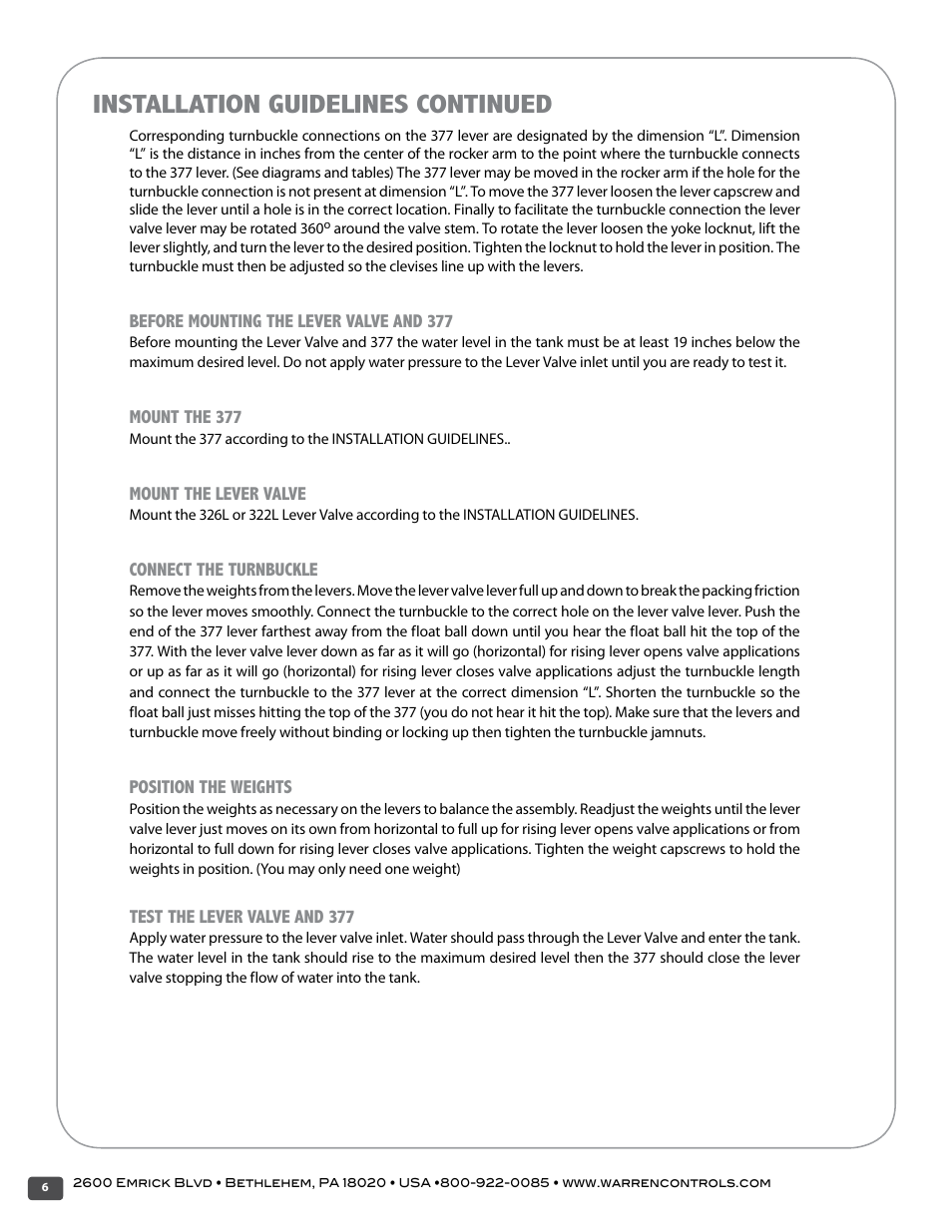 Installation guidelines continued | Warren Controls 377 Float Cage User Manual | Page 6 / 28