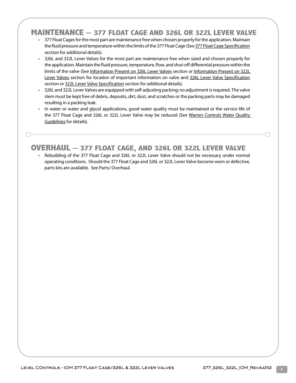 Maintenance, Overhaul | Warren Controls 377 Float Cage User Manual | Page 7 / 28