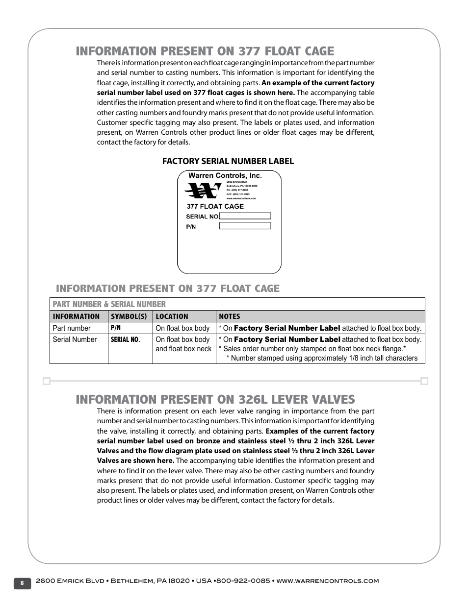 Information present on 377 float cage, Information present on 326l lever valves, Factory serial number label | Part number & serial number | Warren Controls 377 Float Cage User Manual | Page 8 / 28