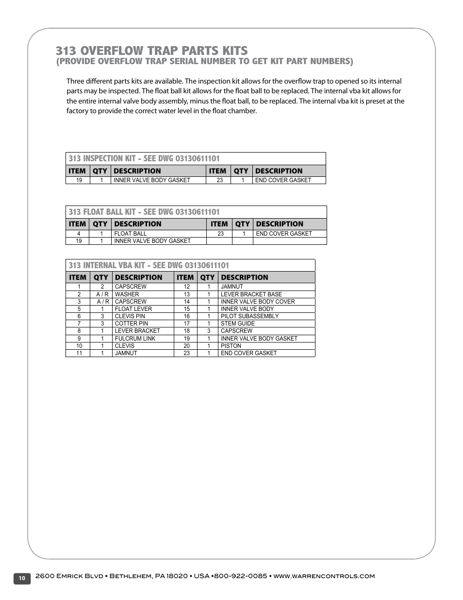 313 overflow trap parts kits | Warren Controls 313 Overflow Trap User Manual | Page 10 / 16