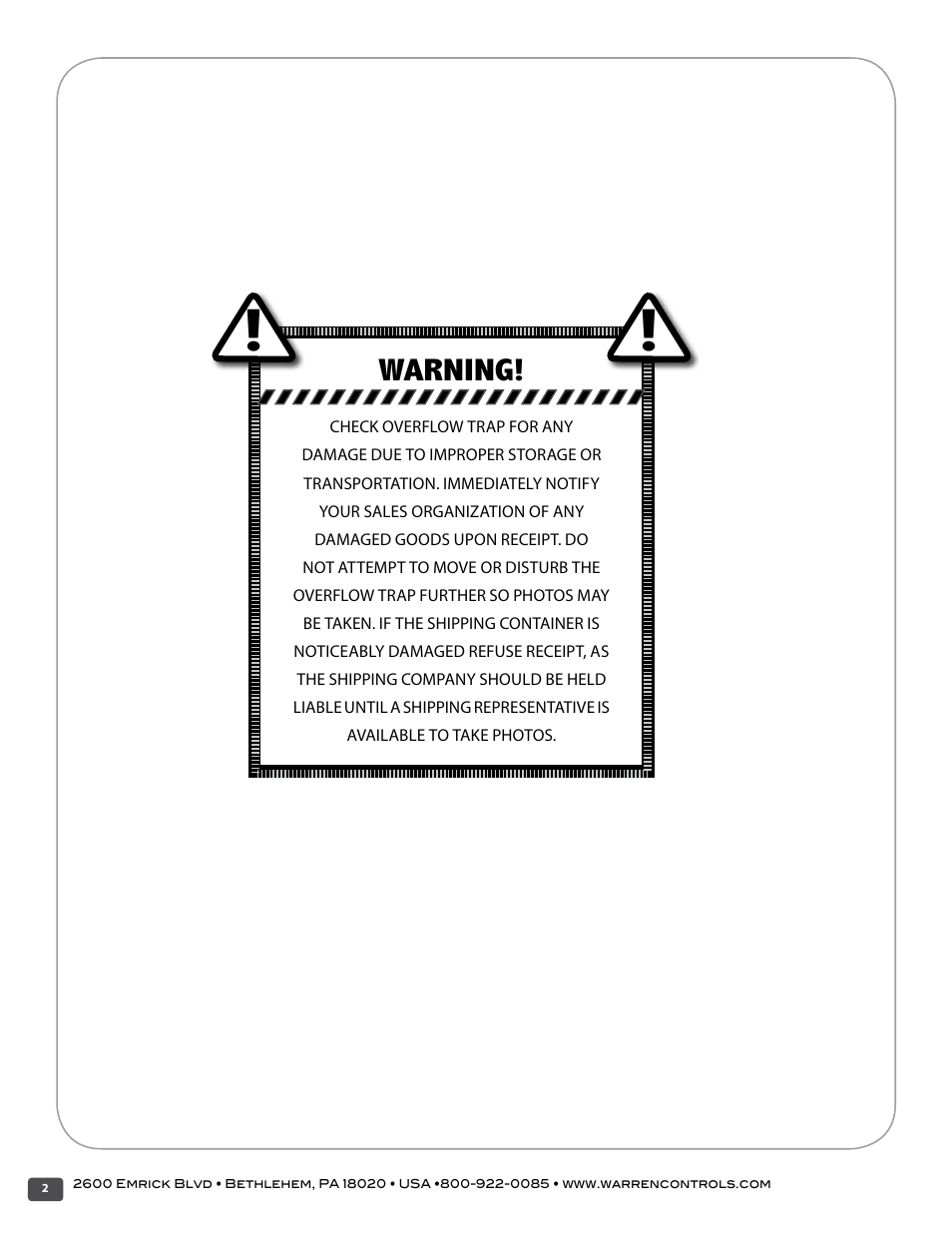 Warning | Warren Controls 313 Overflow Trap User Manual | Page 2 / 16