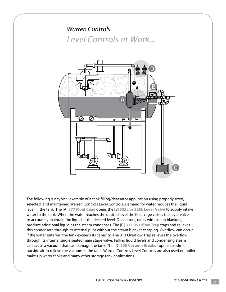 Level controls at work, Warren controls | Warren Controls 313 Overflow Trap User Manual | Page 3 / 16
