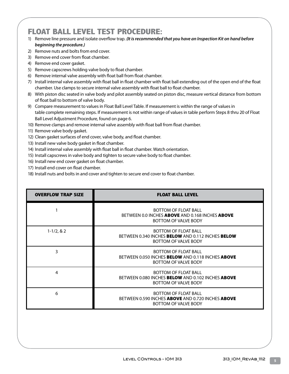 Float ball level test procedure | Warren Controls 313 Overflow Trap User Manual | Page 5 / 16