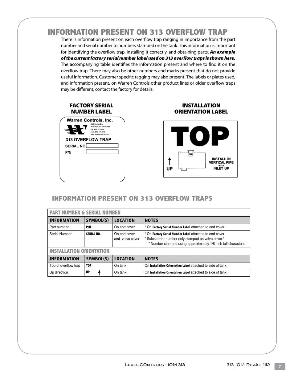 Information present on 313 overflow trap, Information present on 313 overflow traps, Part number & serial number | Installation orientation | Warren Controls 313 Overflow Trap User Manual | Page 7 / 16